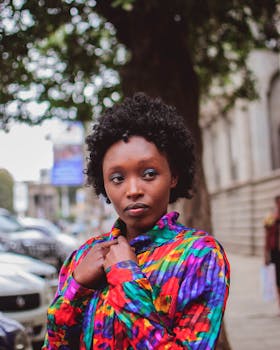 Confident woman in vibrant fashion poses on city street, blending style and urban charm.