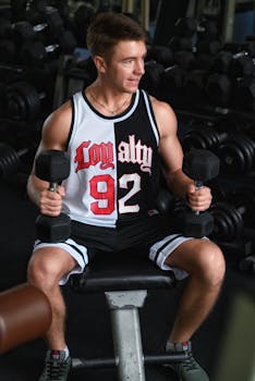 Caucasian man lifting dumbbells while sitting in a gym, focusing on strength training.