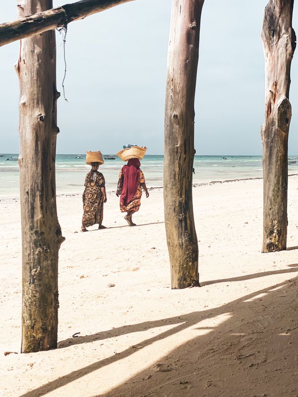Women walking the shore at dawn