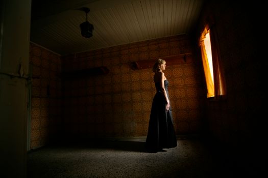 Silhouette of a woman in a black dress standing in a vintage room by the window.