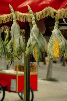Close-up of corn cobs hanging at a vibrant street market stall in Istanbul.