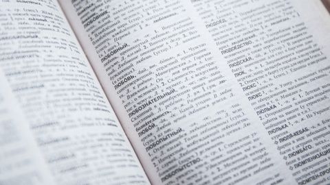 Close-up view of an open Russian dictionary showing detailed text and entries.