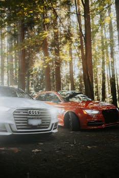 Two luxury cars parked in a beautiful forest setting with sunlight filtering through the trees.