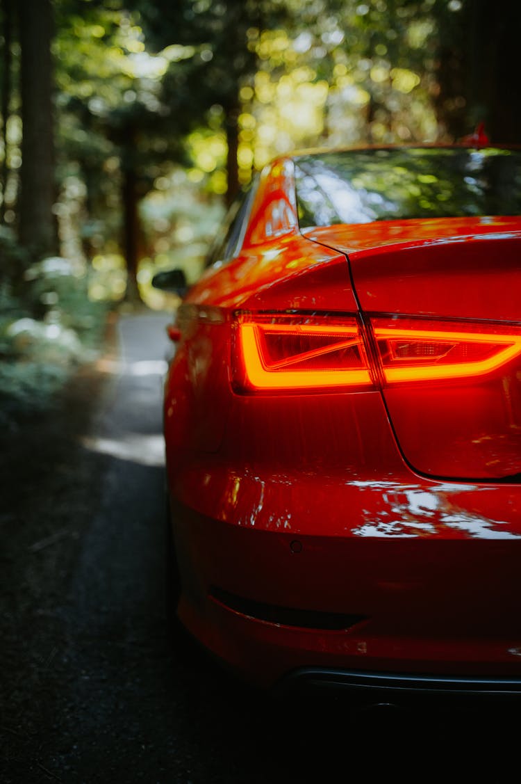 Back View Of A Red Car In A Park