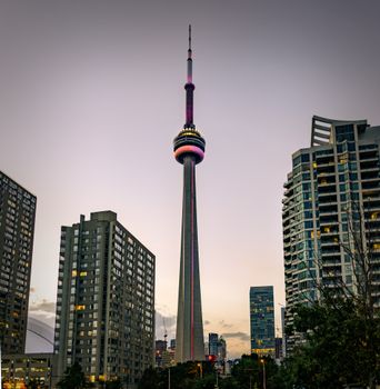 Photograph of Toronto's CN Tower at dusk, surrounded by city skyscrapers.