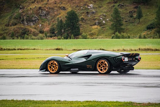 A high-performance green sports car speeding on a damp race track with a scenic backdrop.