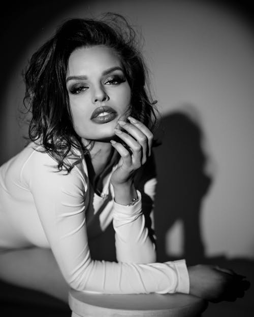 Black and White Portrait of Beautiful Brunette Woman 