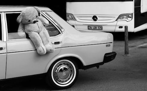 Monochrome Photo of Teddy Bear on Car Window