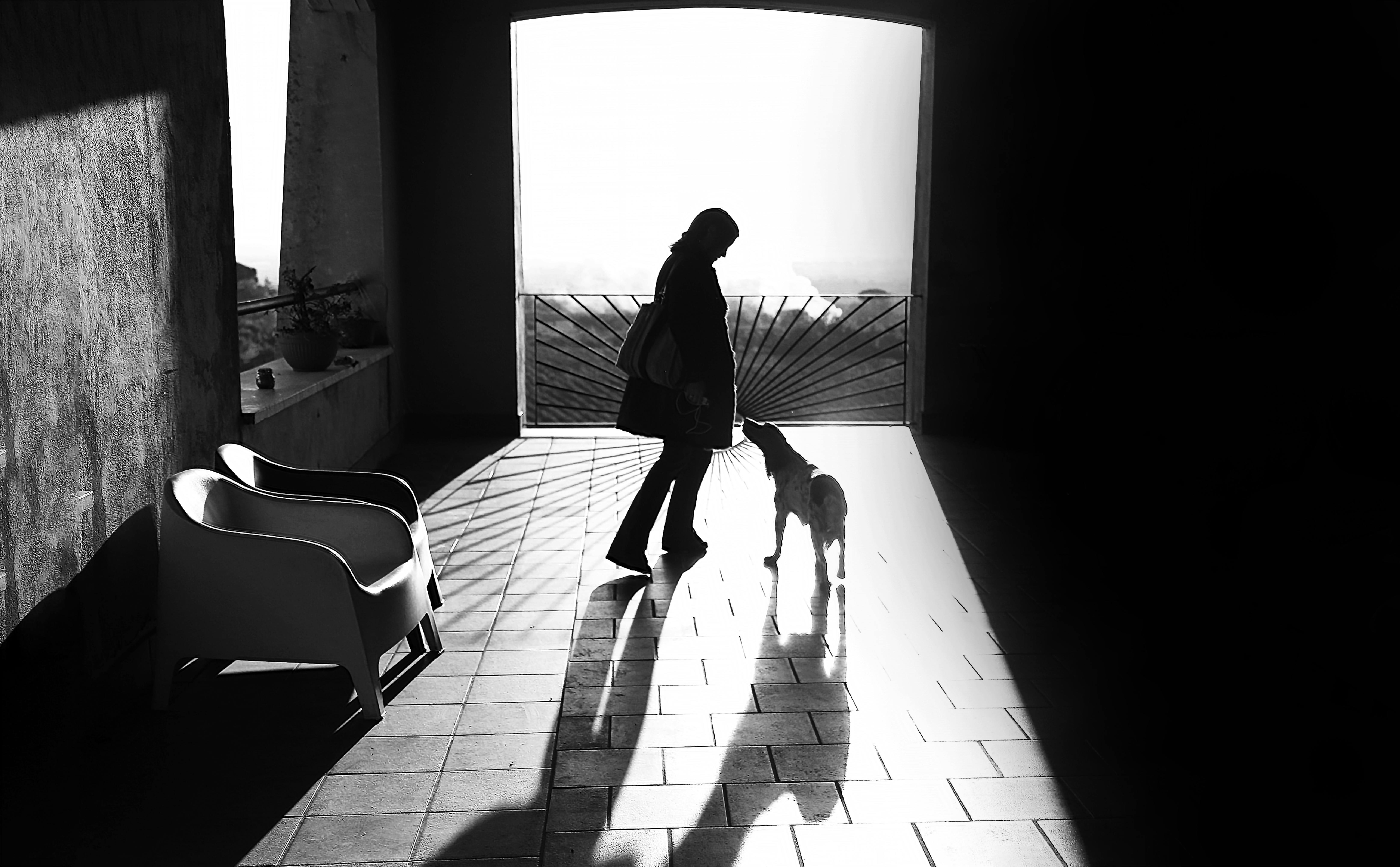 Grayscale photo of man standing near window photo – Free Cloud