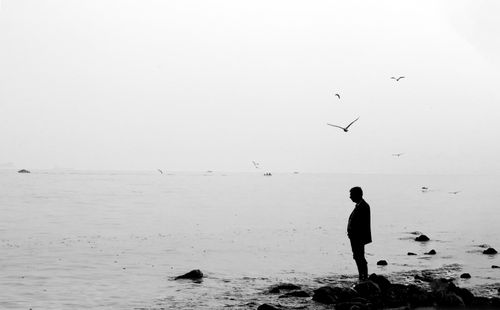 Free Silhouette of a man standing alone by the sea, evoking solitude and reflection. Stock Photo