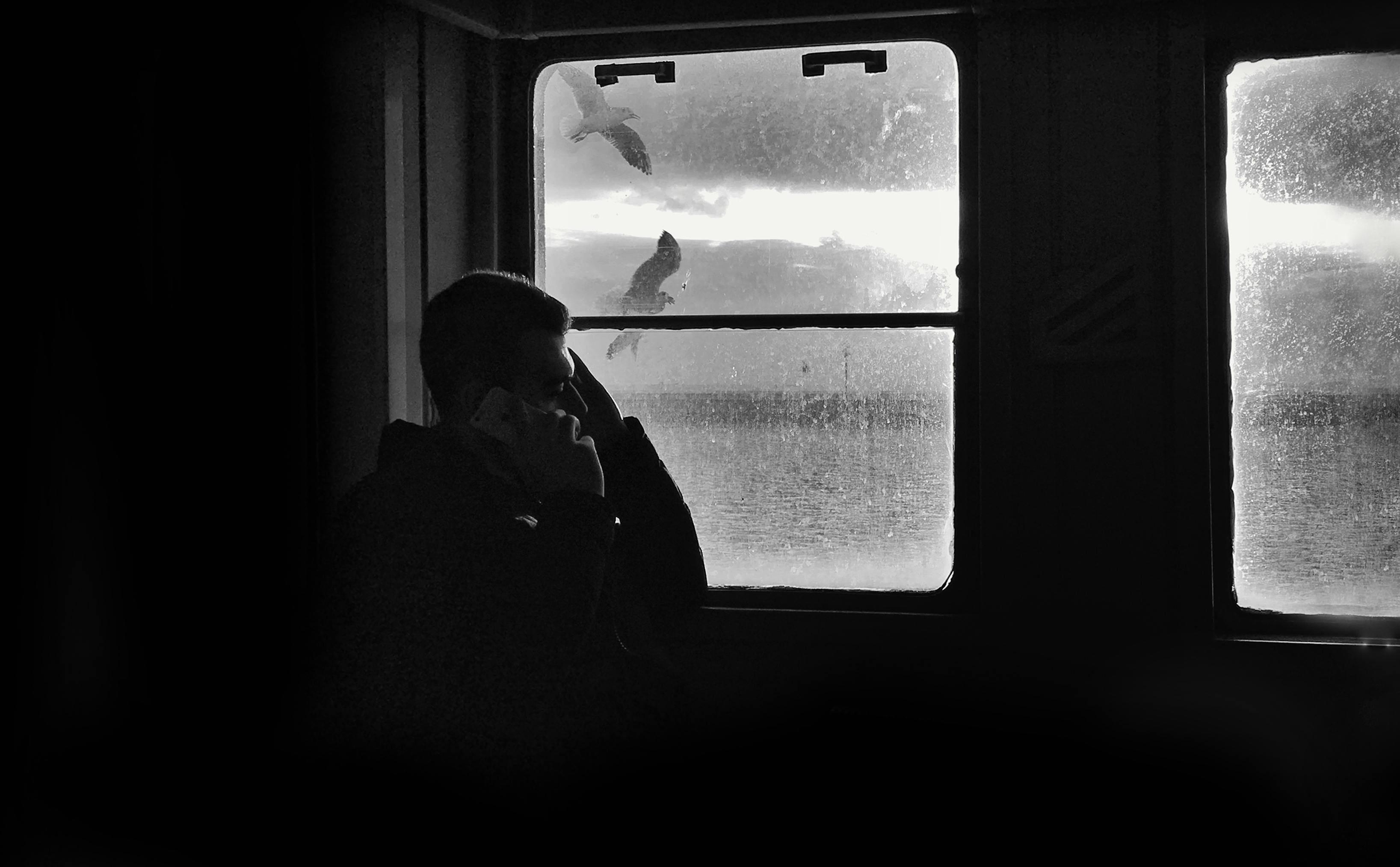 HD wallpaper: Greyscale Photo of Man Looking Through Window, black