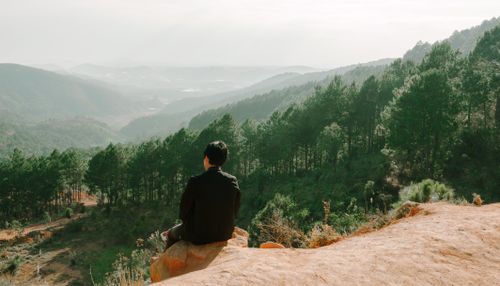 Free A man sits on a rock overlooking scenic forested mountains under a bright sky. Stock Photo