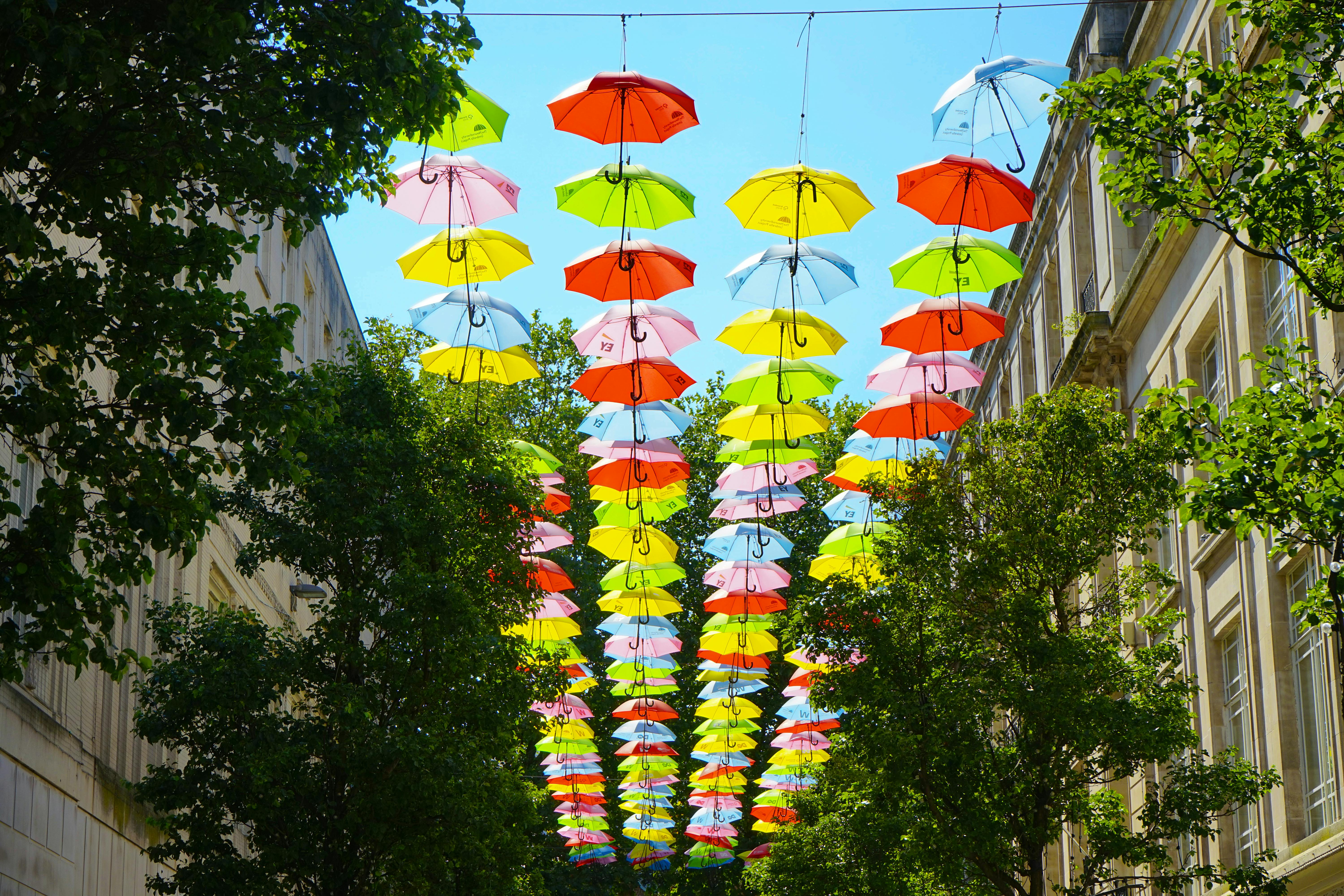 colorful umbrellas in sky among buildings