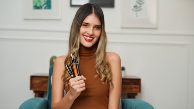 Portrait of a smiling woman holding fountain pens in a cozy room.