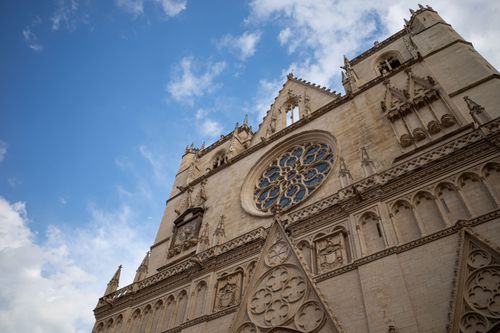 Free Stunning view of Lyon Cathedral under a bright blue sky in France. Romanesque architecture. Stock Photo