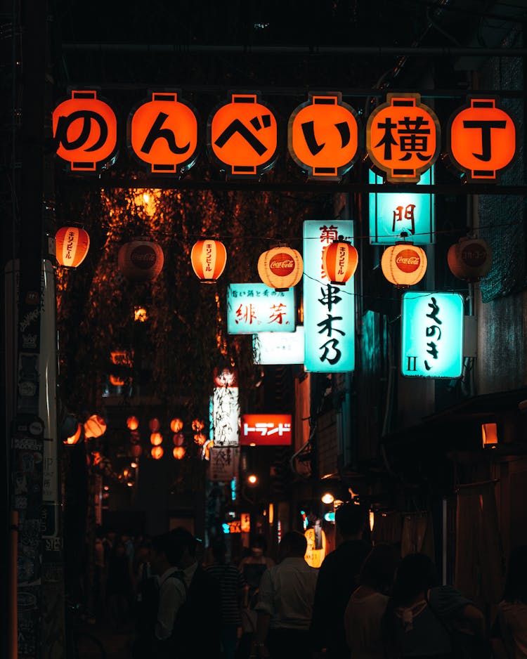 Street With Lanterns And Signages In Tokyo Japan