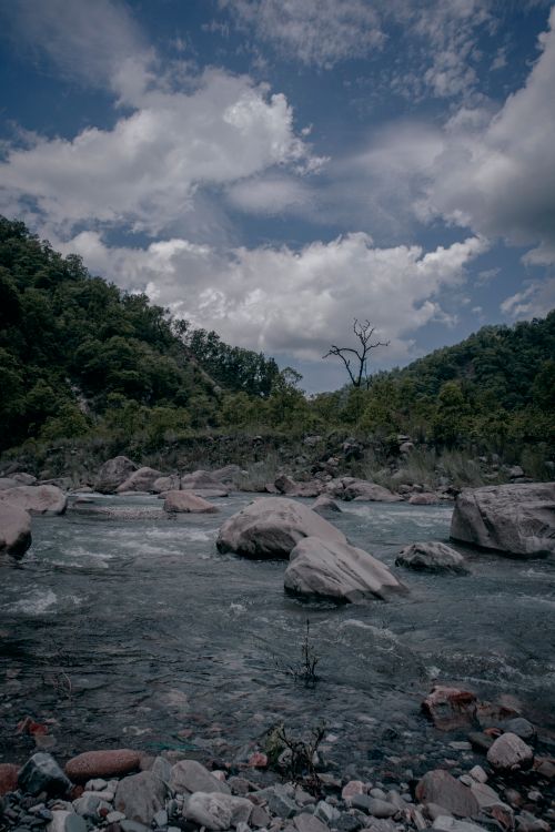 Free Tranquil river amid lush mountains in Uttarkashi, India. Ideal for nature enthusiasts seeking peace. Stock Photo
