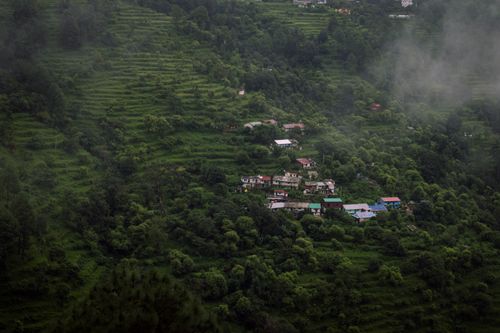 Free Aerial view of lush green terrain with scattered village houses in Srinagar, India. Stock Photo