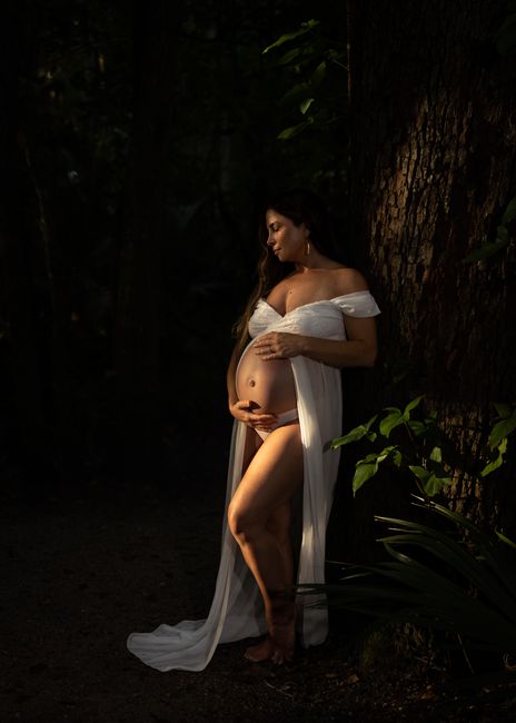 A serene maternity portrait featuring a pregnant woman in a white dress leaning against a tree in a forest.