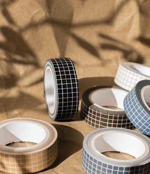 A collection of decorative washi tape rolls with grid patterns on a brown craft paper background in natural lighting.