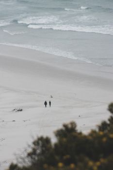 Two people walking along a quiet beach with gentle waves in a high angle shot.