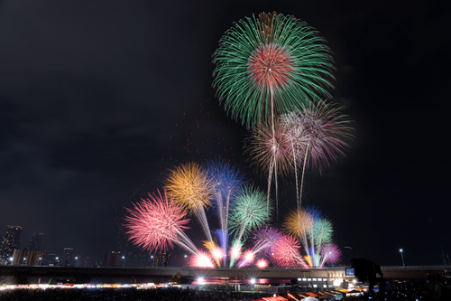 Free Colorful fireworks explode in intricate patterns over a city skyline at night. Stock Photo