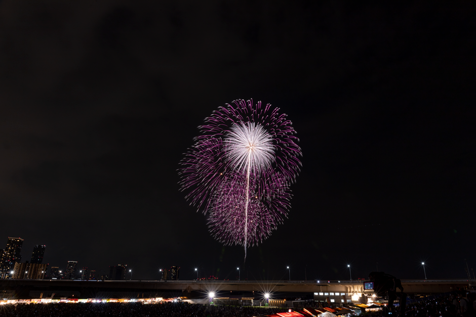 お祝いの際に、都市のスカイラインの上空で夜空を照らす見事な花火の展示。