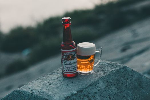 A Budweiser bottle and a frothy beer mug on a concrete surface outdoors, perfect for beverage enthusiasts.