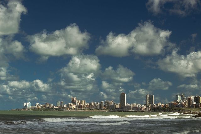 Beautiful view of Mar del Plata city skyline with ocean and clouds in Argentina.