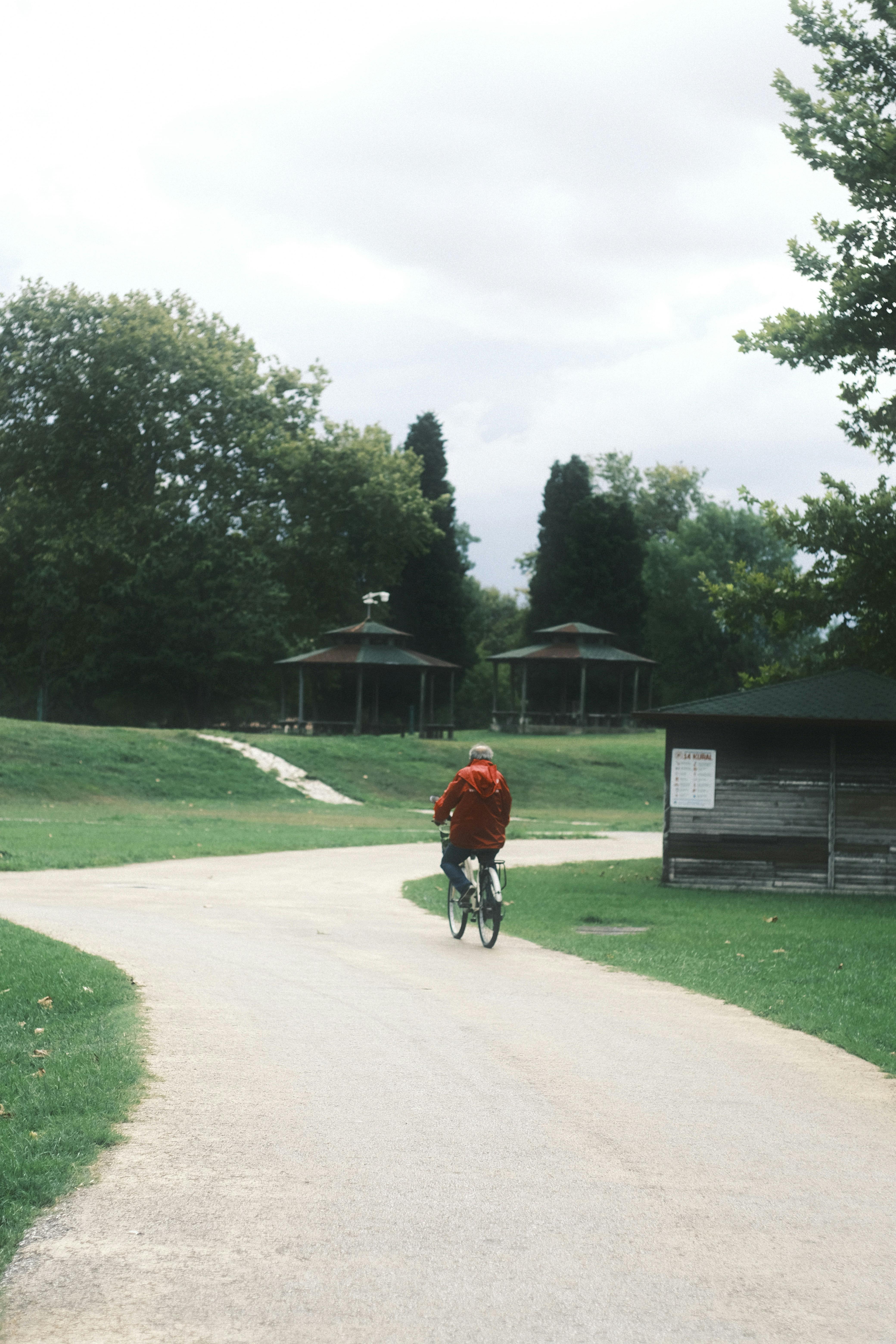 Person riding a bicycle down a winding path in a lush green park with cloudy skies.