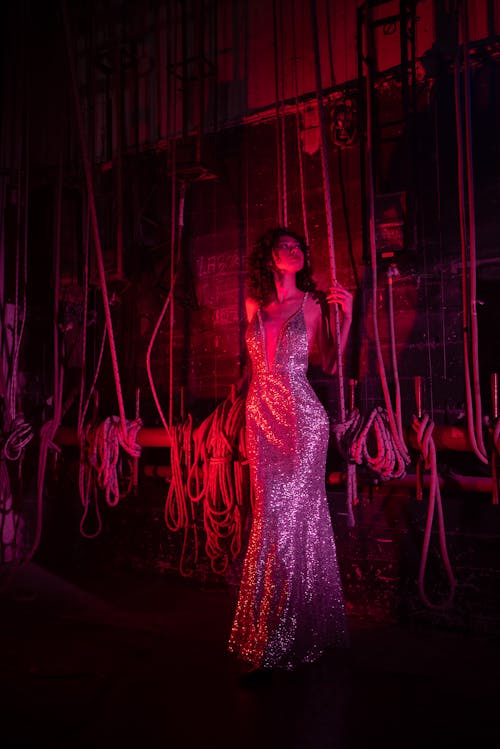 A Woman in Silver Dress Standing Near the Ropes