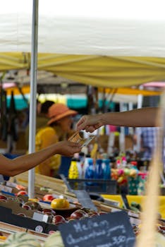 Vibrant scene of a market exchange in Dinard, Bretagne with fresh produce and local vendors.