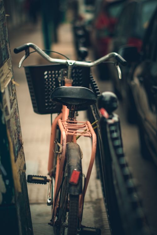 Free A vintage bicycle with a basket parked on a sidewalk in Adrogué, Argentina. Stock Photo
