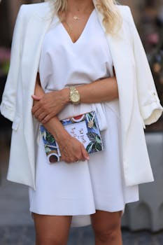 Chic woman in a white outfit holding a vibrant clutch outdoors, showcasing style and elegance.
