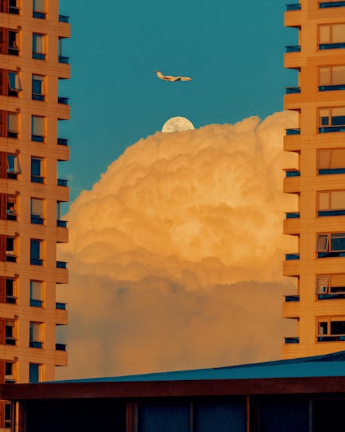 Plane Flying in Sky among Buildings
