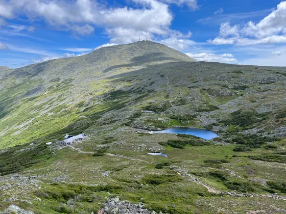The AMC Lakes of the Clouds hut below Mount Washington