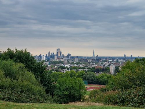 Free Scenic view of London's cityscape from Primrose Hill with lush greenery and cloudy skies. Stock Photo