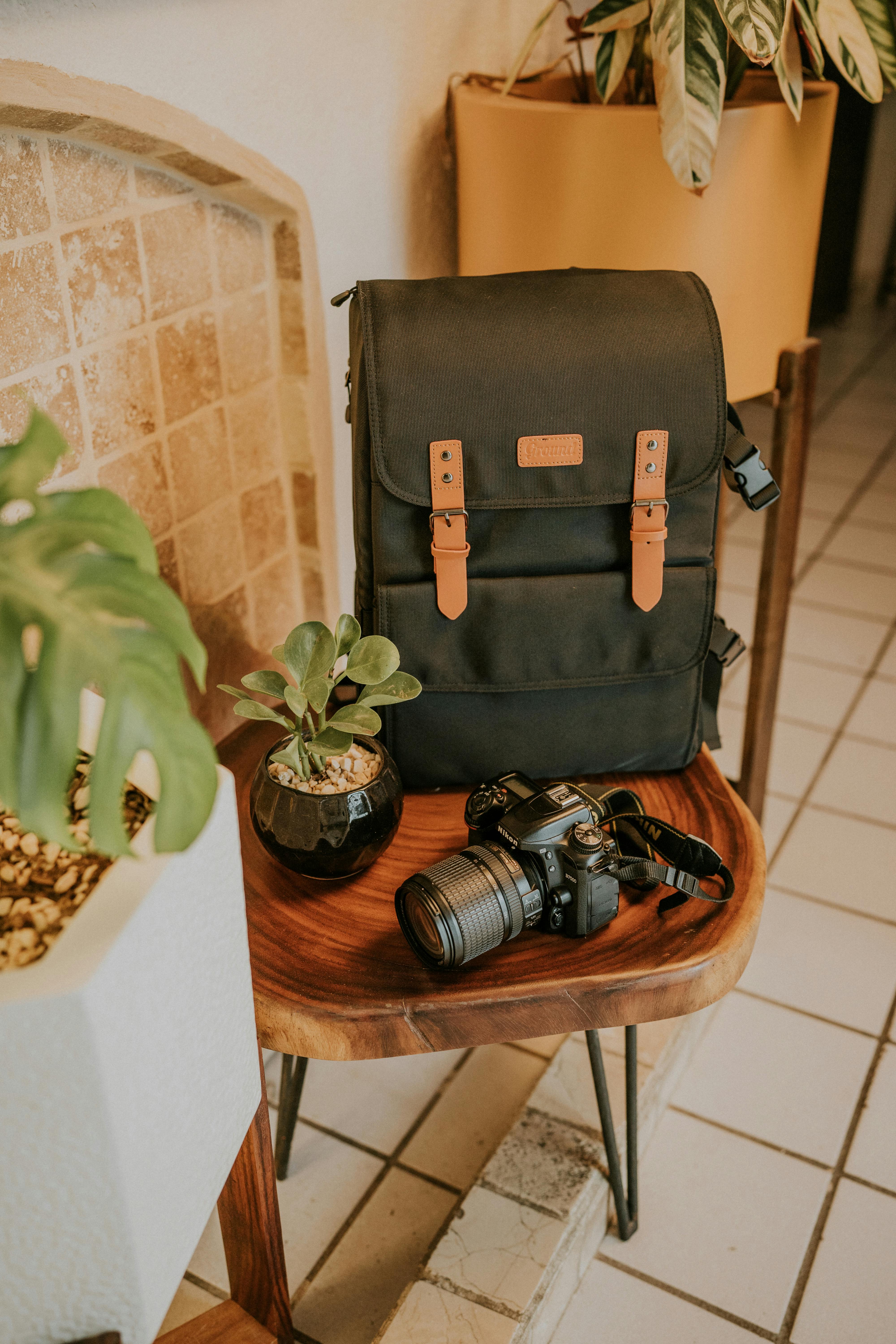 black dslr camera and black backpack on brown wooden chair near green plants