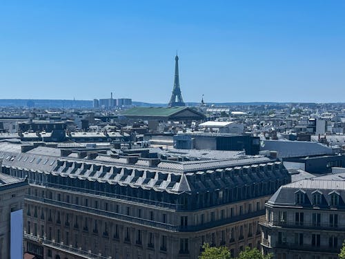 Landscape of paris with the Eiffel Tower with blue sky and haussmann building