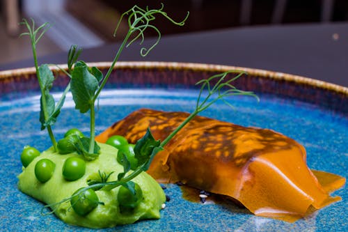 Cooked Food on Blue and Brown Plate