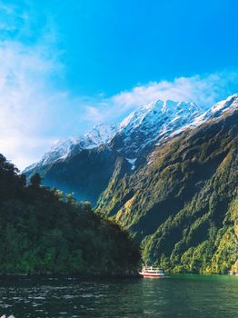 在新西兰南岛米尔福德湾的壮丽景色中，一艘船停靠在白雪皑皑的雄伟山脉旁