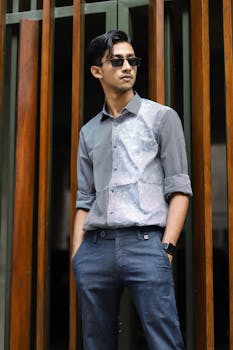 Casual portrait of a young man in fashionable attire leaning against a decorative wooden wall.