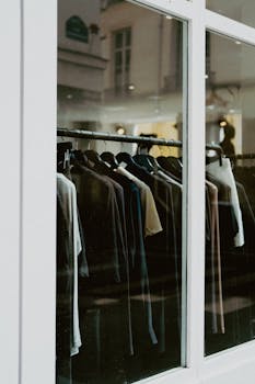 Close-up of clothes hanging on racks in a boutique window display, ideal for fashion backdrops.