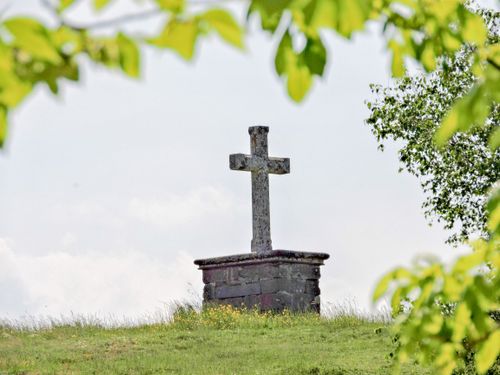 Free A historic stone cross set in a green field with vibrant foliage in Cangas del Narcea, Spain. Stock Photo