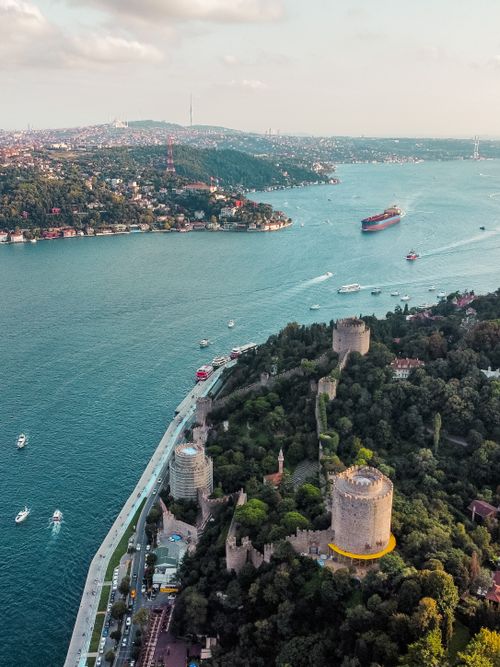 Free Stunning aerial shot of the historic Rumelihisarı Fortress along the Bosphorus in İstanbul, Turkey. Stock Photo