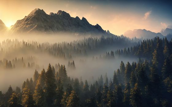 A stunning aerial view of misty mountains and lush forest at sunrise, creating a tranquil atmosphere.. pexels, stunning, aeri