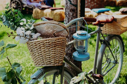 Blue and Brown Woven Basket on Bicycle Handle Bar