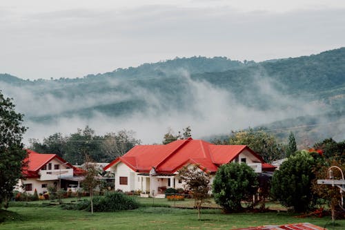 Red Roofed Houses Near the Mountains