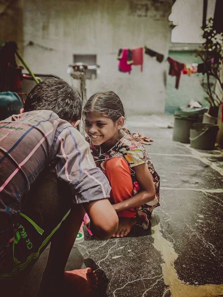 Smiling Children Playing On Street