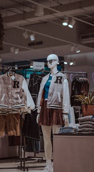Urban clothing store mannequin showcasing trendy varsity jacket and skirt ensemble.